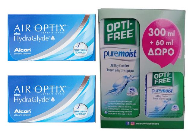 3 ζεύγη Air Optix Plus Hydraglyde  (Σύνολο 6 φακοί)+ Optifree puremoist 300+60ml